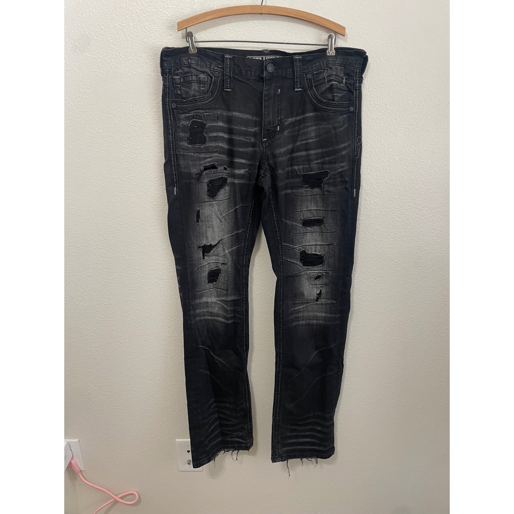 Affliction Ace Jeans Mens 34 Black Distressed Straight Leg Embroidered Excellent